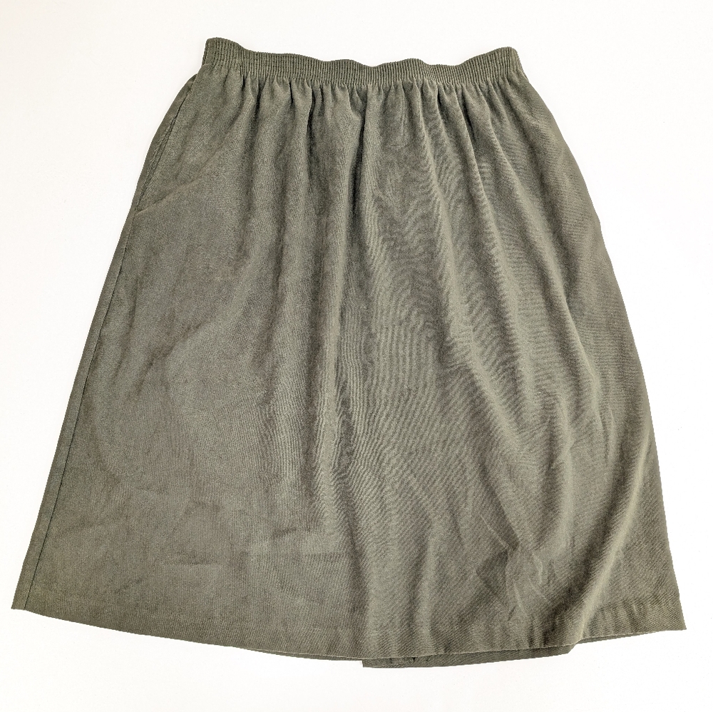 Vintage 70's Olive Green Suede Style Elastic Pull On Midi Skirt XL Petite